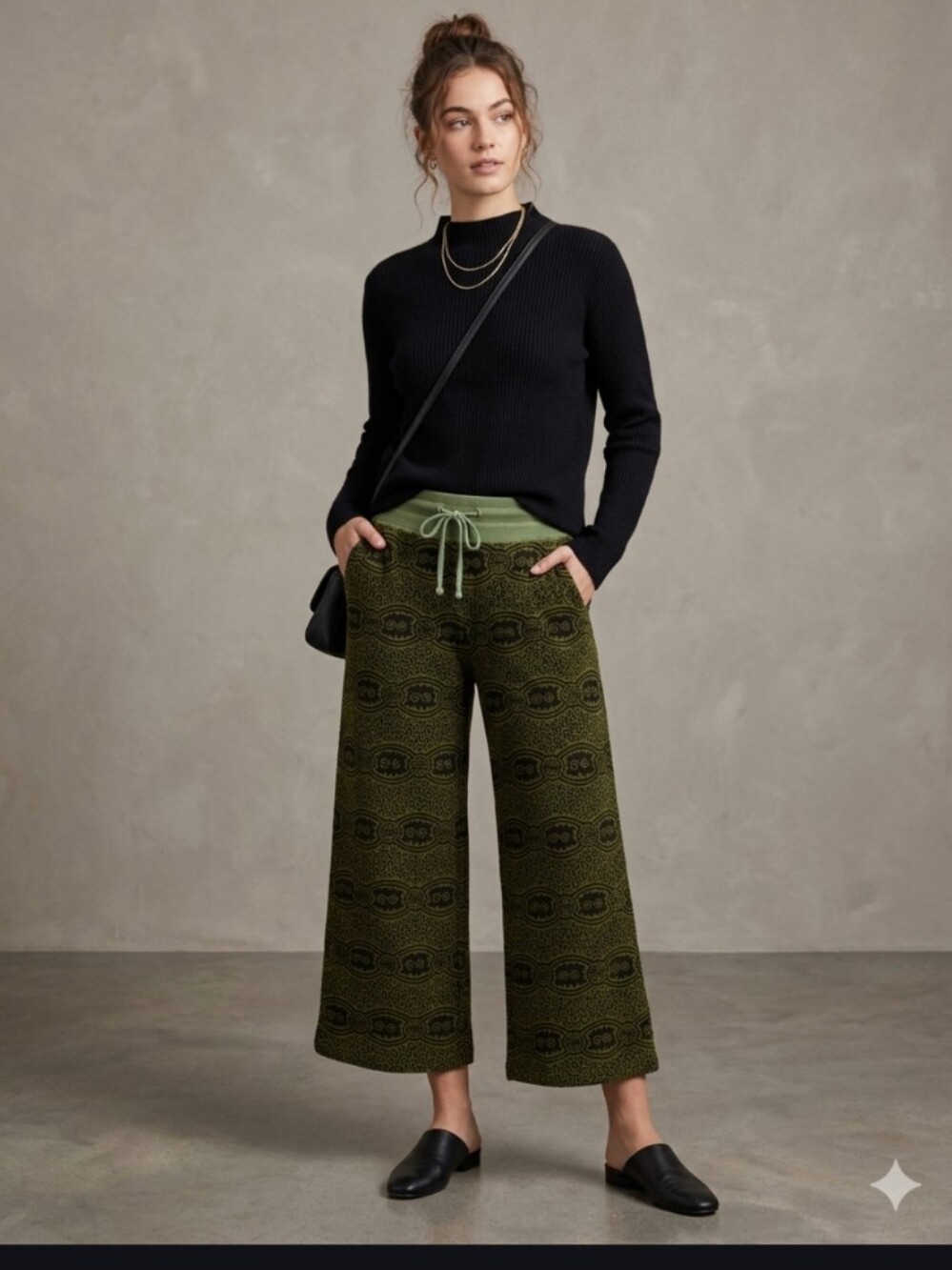 Olive Green Patterned Women's Lounge Wide Leg Size XL